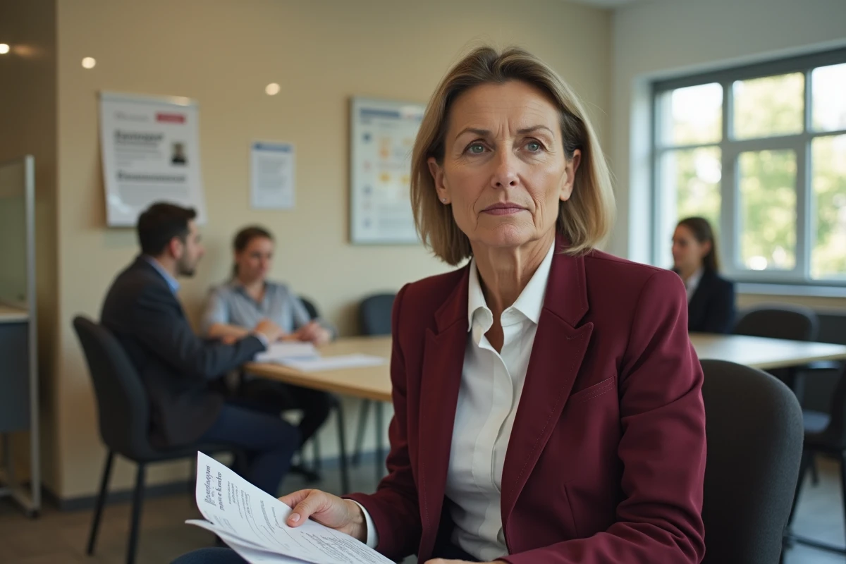 Femme en agence France Travail avec ses documents bancaires pour résoudre un refus de changement de RIB