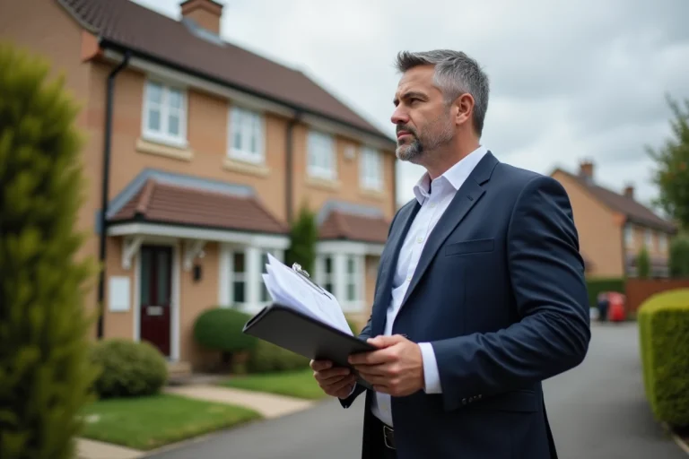 Agent immobilier évaluant une maison en façade avec un clipboard lors d'une estimation gratuite