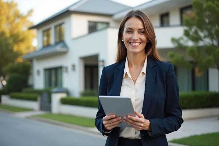 Agent immobilière professionnelle devant une maison moderne présentant les services de l'agence Immo Planet