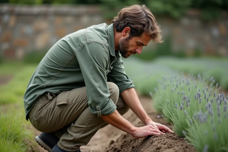 Agriculteur inspectant des plants de lavande dans une petite parcelle PPAM en France, illustrant la surface minimum nécessaire pour s'installer en agriculture de plantes aromatiques