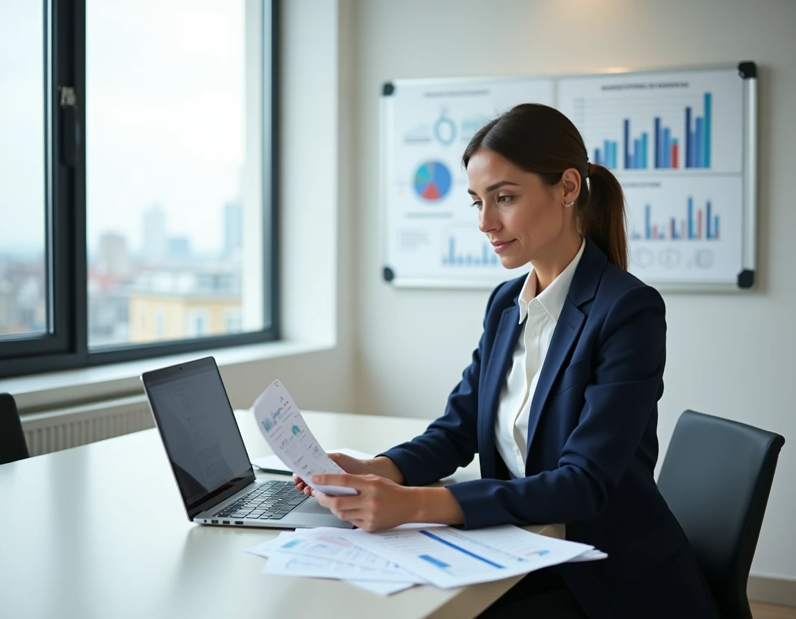 Professionnelle alignant une stratégie marketing sur un tableau de bord CRM en entreprise