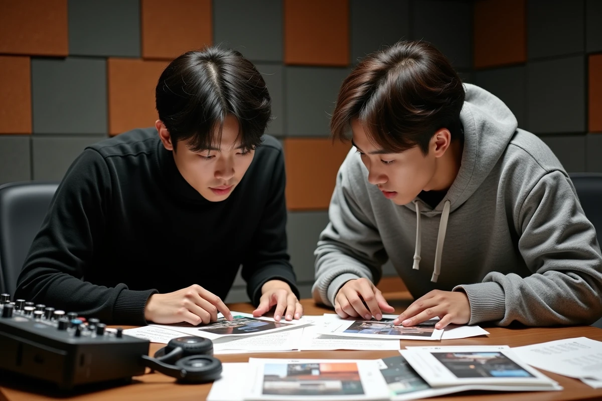 Deux jeunes artistes coréens étudiant des documents musicaux dans un studio d'enregistrement professionnel, symbolisant la préparation aux débuts d'un groupe K-pop