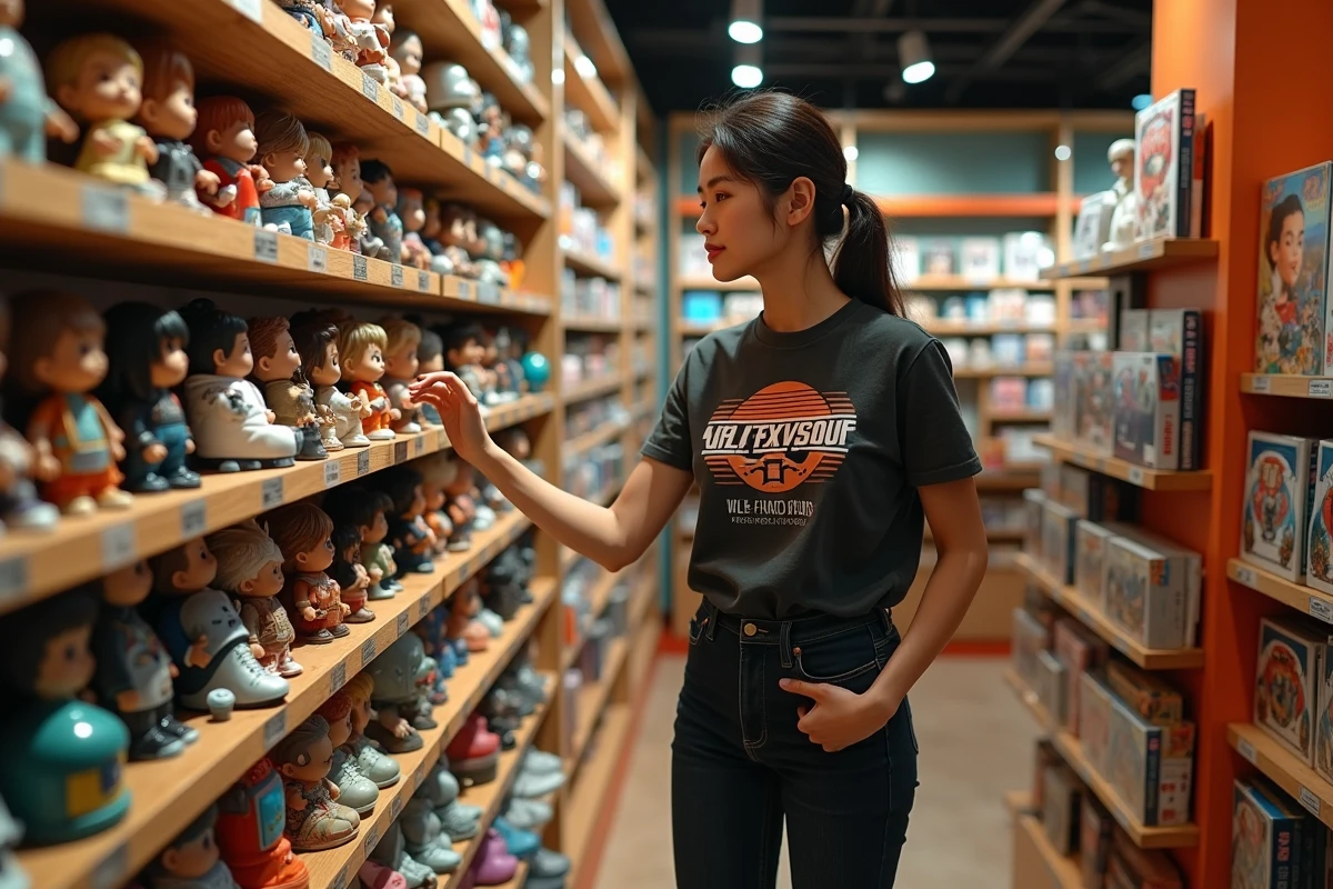 Jeune femme passionnée de pop culture explorant une boutique geek remplie de figurines de collection et de produits dérivés