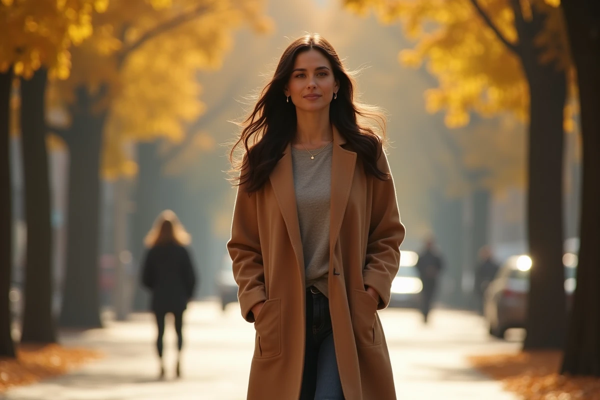 Vrouw die in de herfst over een Parijse boulevard wandelt met een camel jas, die de natuurlijke elegantie van de partner van Patrick Bruel vertegenwoordigt