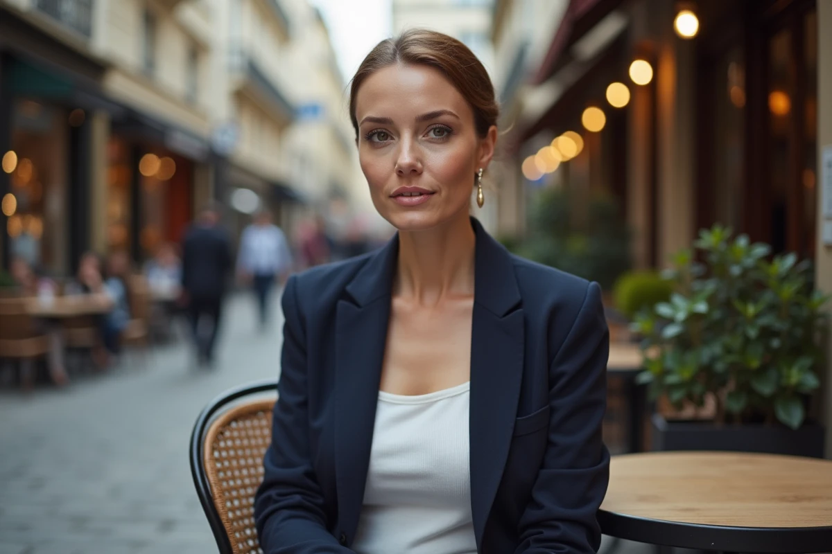 Elegante vrouw zittend op een Parijse terras met stenen en oude gevels, die de levensstijl van de partner van Patrick Bruel oproept