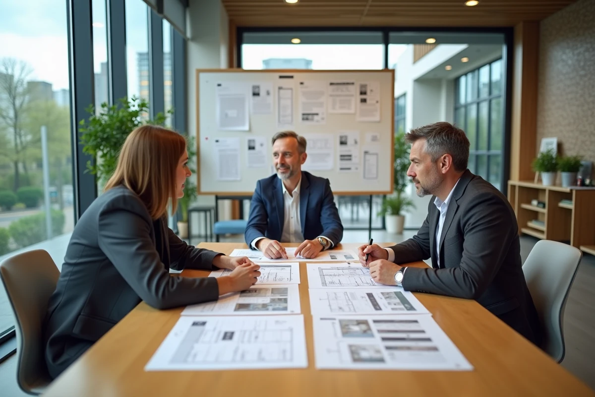 Couple en consultation avec un conseiller immobilier dans une agence moderne pour un projet d'achat immobilier