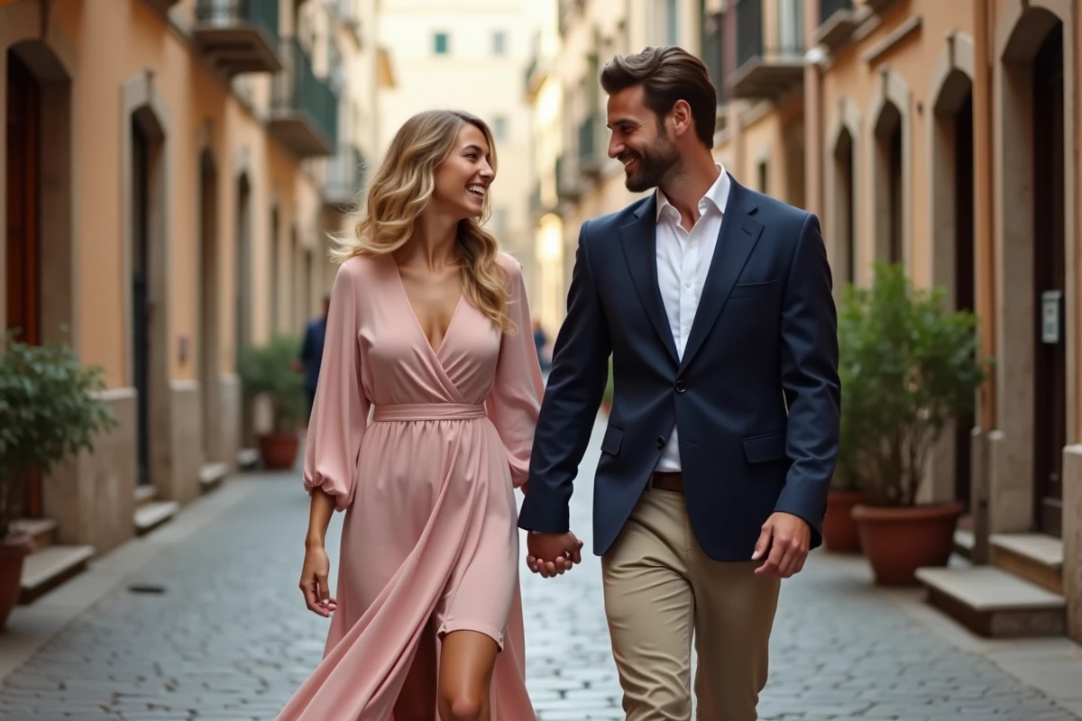 Couple amoureux se promenant main dans la main sur des pavés dans un quartier urbain européen romantique