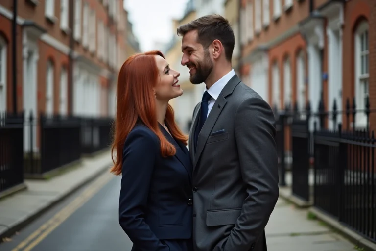 Couple élégant et discret dans les rues de Londres, illustrant une histoire d'amour sobre et authentique