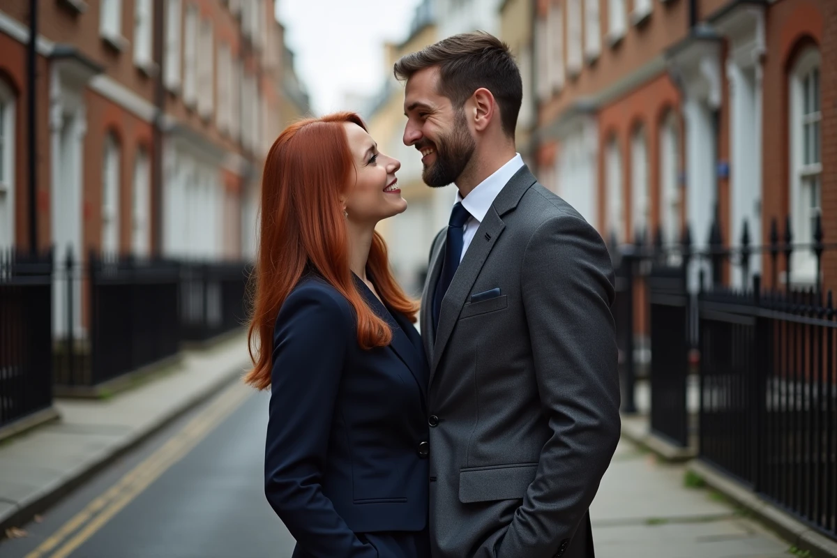 Couple élégant et discret dans les rues de Londres, illustrant une histoire d'amour sobre et authentique