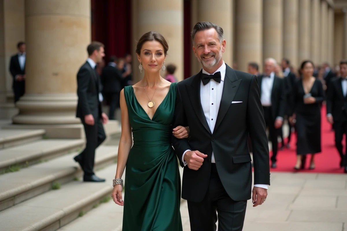 Couple glamour et discret lors d'un événement culturel chic, illustrant la vie publique sobre de Caitriona Balfe et Tony McGill
