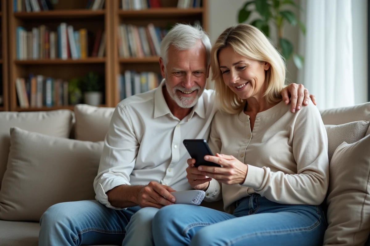 Couple gérant leur mutuelle santé sur une application smartphone confortablement installé dans leur salon