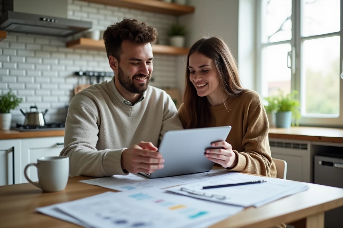 Couple planifiant leur budget ensemble à la maison en utilisant une tablette et des services bancaires en ligne