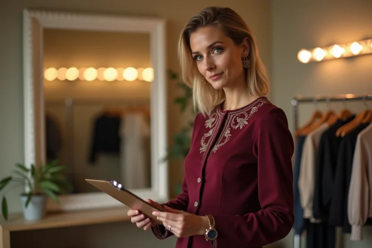 Femme élégante en robe midi bordeaux brodée dans une loge de studio de télévision française