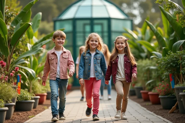 Enfants souriants dans un jardin botanique à Terra Botanica