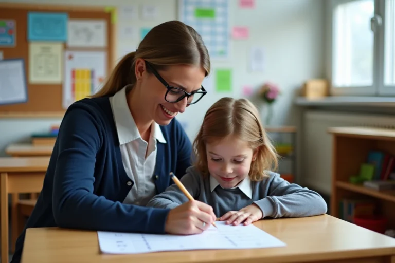 Enseignante spécialisée aidant un élève dans une classe ULIS avec matériel pédagogique adapté