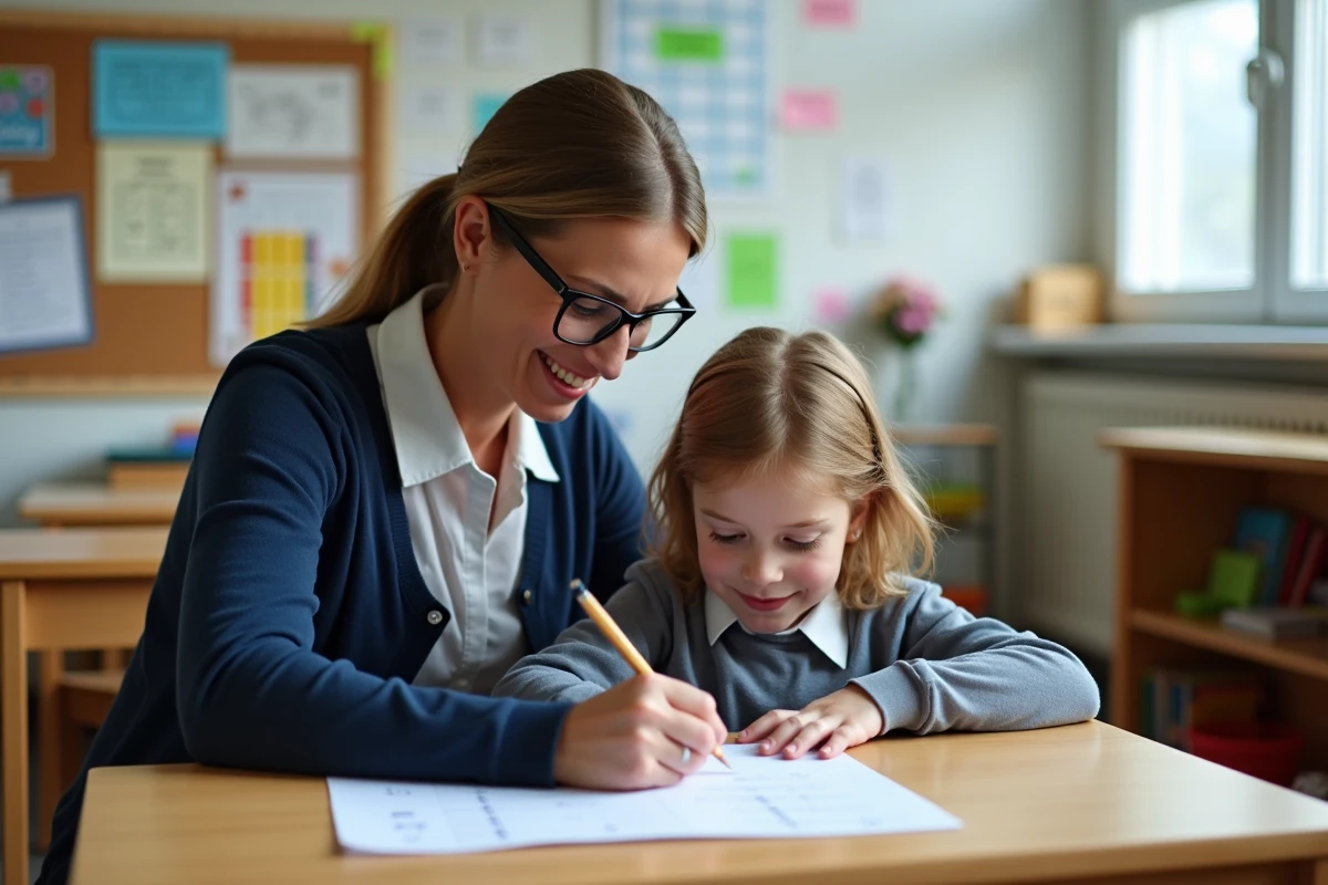 Enseignante spécialisée aidant un élève dans une classe ULIS avec matériel pédagogique adapté