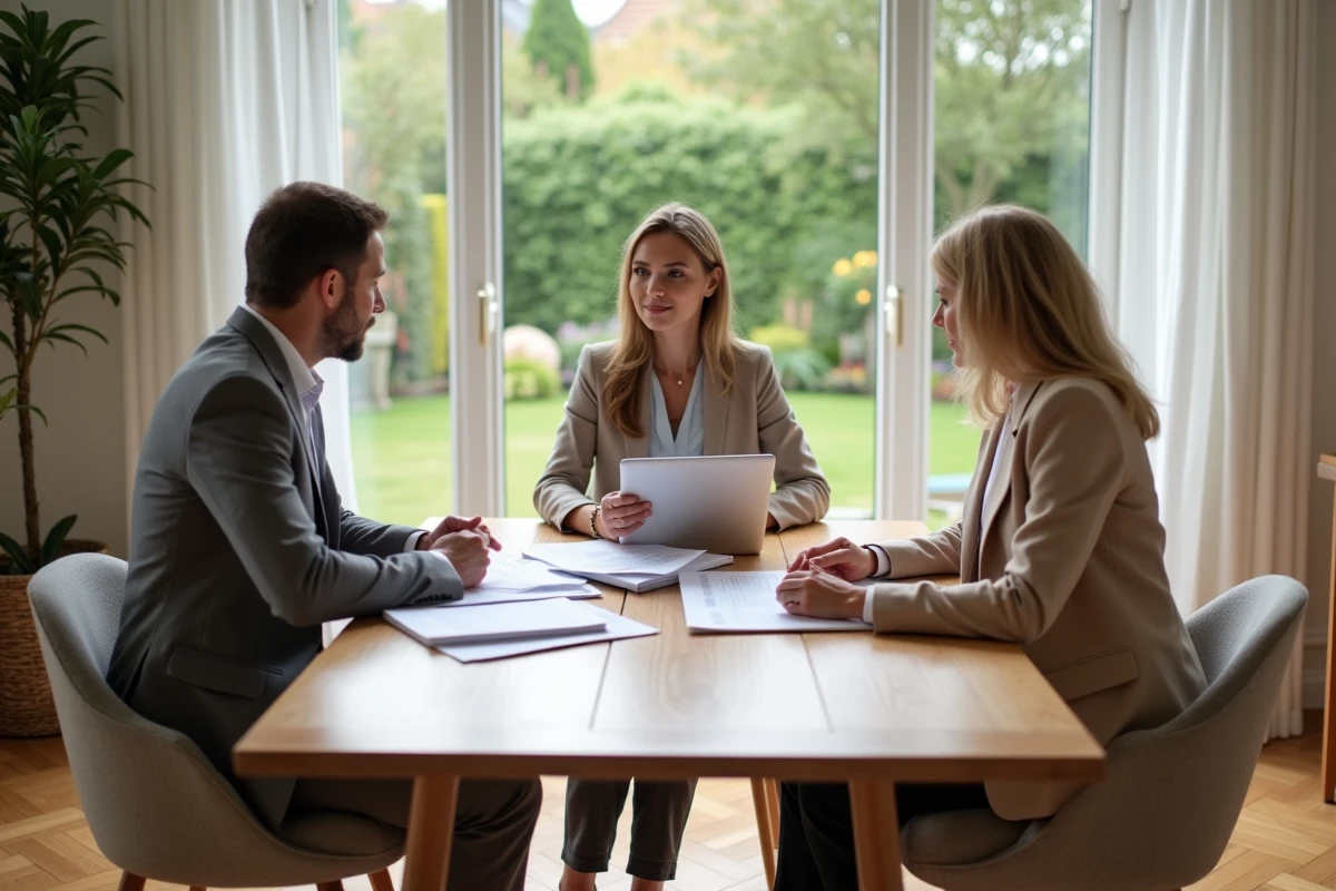 Experte immobilière en rendez-vous d'estimation gratuite avec un couple de propriétaires à leur domicile