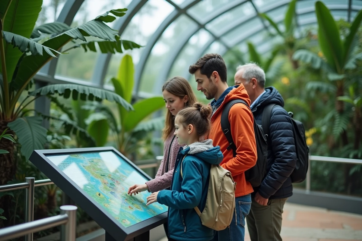 Famille découvrant une exposition botanique dans un conservatoire