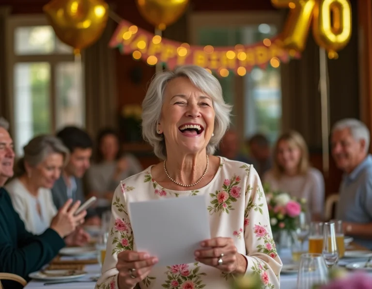 Femme de 70 ans qui rit en lisant un texte humoristique sur une carte d'anniversaire lors d'une fête festive
