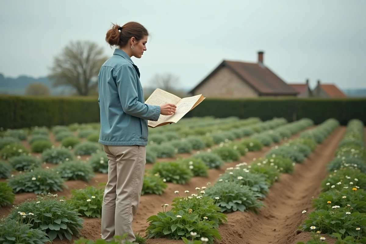 Femme agricultrice debout au bord d'une parcelle de plantes médicinales avec un plan cadastral, représentant l'installation PPAM et la réglementation de surface minimum