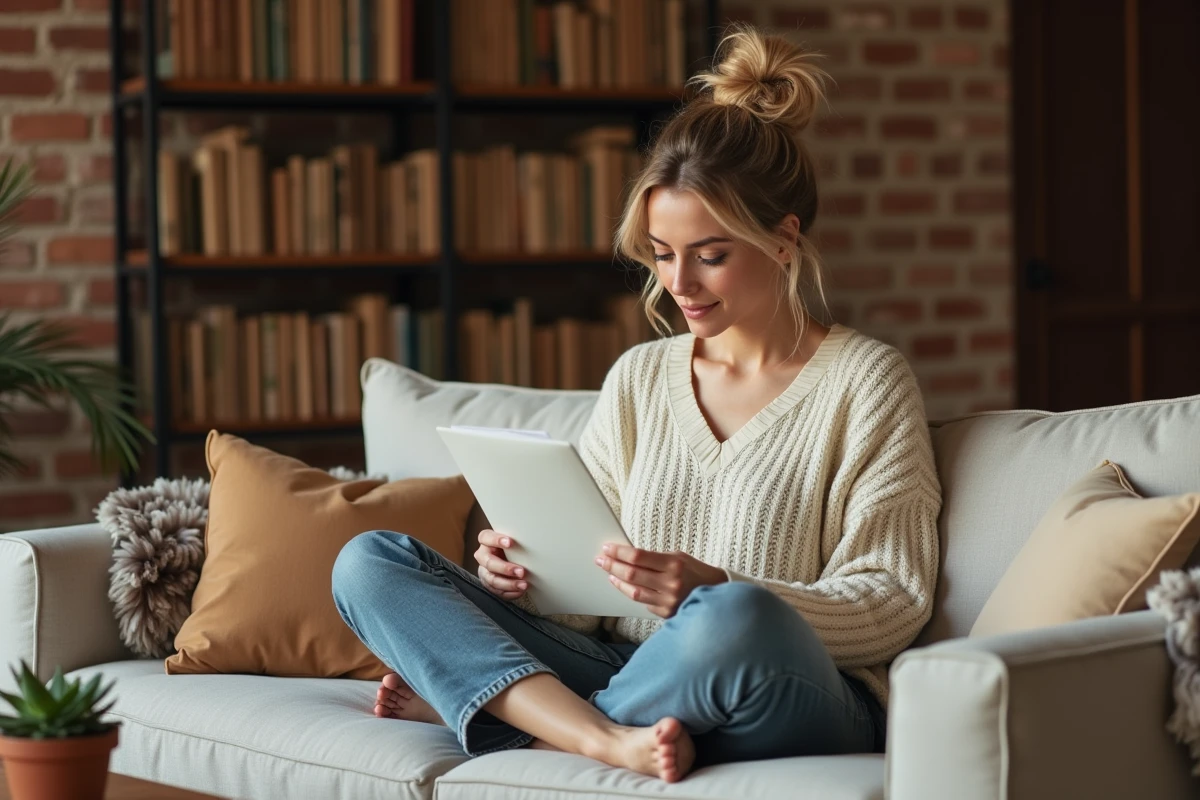 Femme blonde assise sur un canapé en lin lisant une lettre dans un salon chaleureux avec murs en brique et bibliothèque
