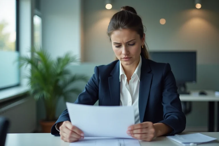 Femme d'affaires lisant une lettre au bureau