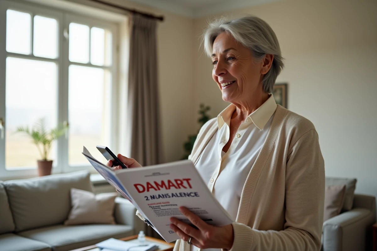 Femme consultant un catalogue Damart avant d'appeler le service client