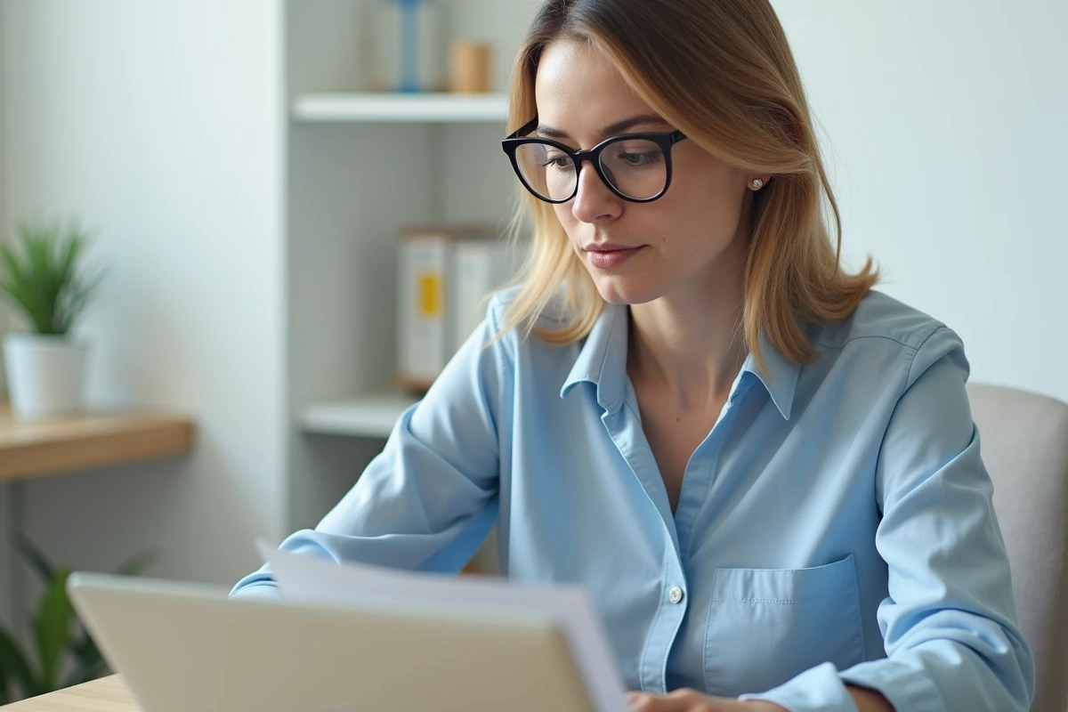 Femme consultant sa mutuelle santé sur un ordinateur portable dans un bureau à domicile moderne