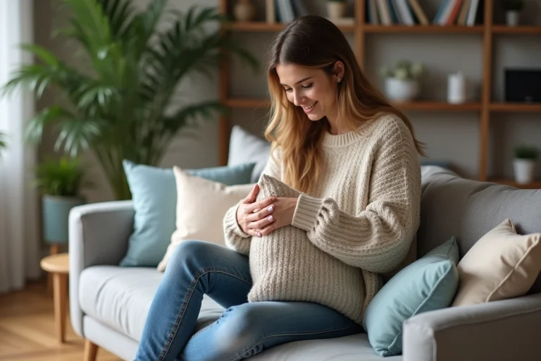 Femme arrangeant des coussins sur un canapé moderne dans un salon chaleureux