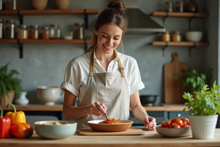 Femme souriante garnissant une ratatouille maison dans la cuisine
