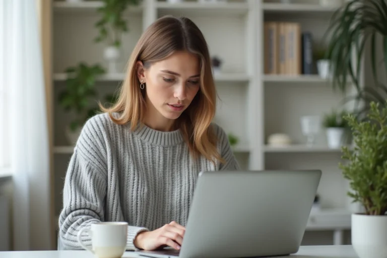 Femme gérant ses finances personnelles sur un ordinateur portable via une application bancaire en ligne depuis son bureau à domicile