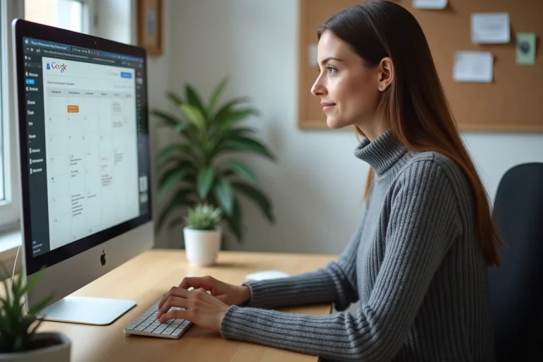 Femme consultant Google Agenda sur ordinateur de bureau avec numéros de semaine affichés