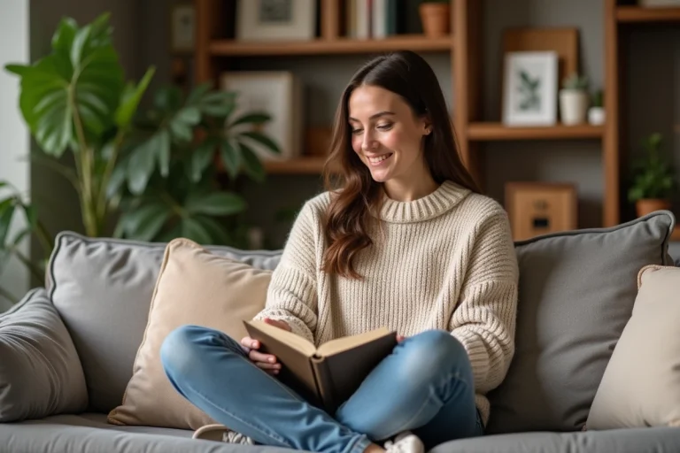 Femme assise en salon en train de journaliser avec un sourire