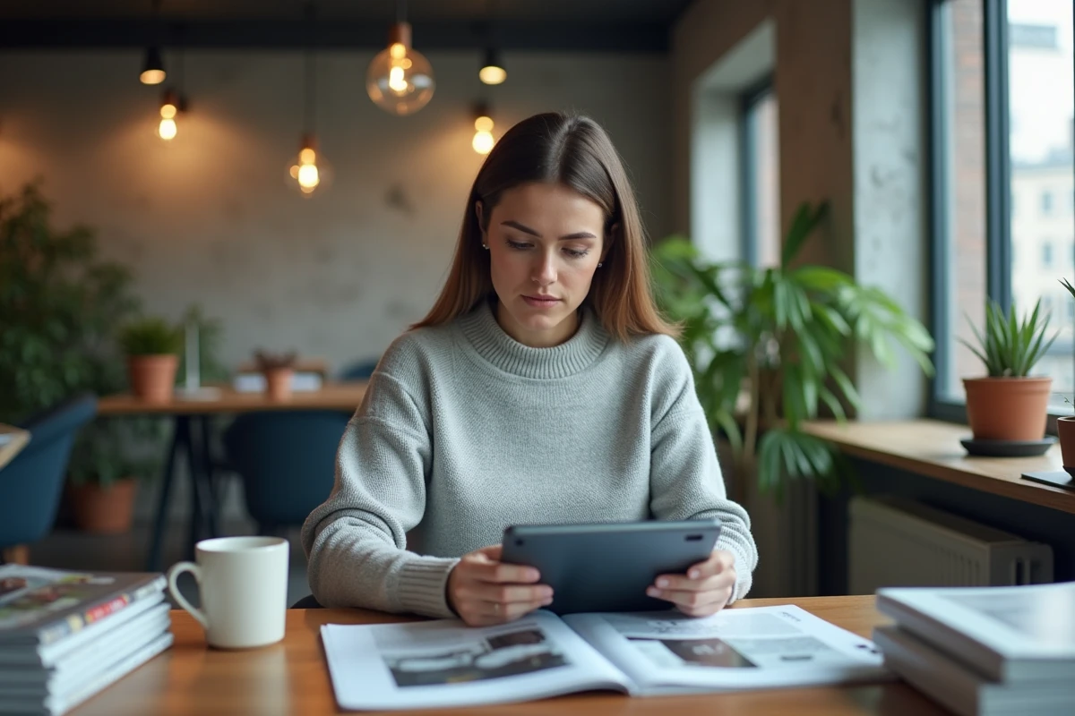 Femme consultant les nouveautés d'Ei Mag sur une tablette dans un bureau éditorial moderne