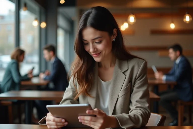 Jeune femme lisant les actualités sur sa tablette dans un café
