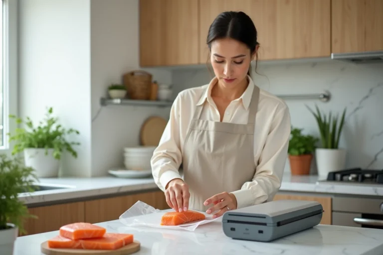 Femme utilisant une machine sous vide pour conserver des filets de saumon frais dans une cuisine moderne en bois clair
