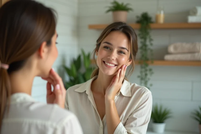 Femme souriante regardant son reflet dans le miroir
