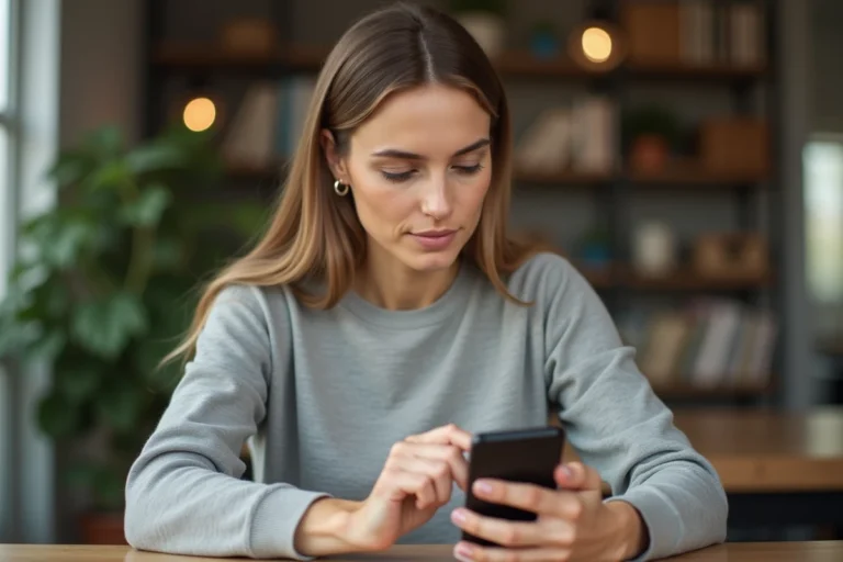 Femme consultant son espace client Free Mobile sur smartphone pour modifier son RIB ou sa date de prélèvement