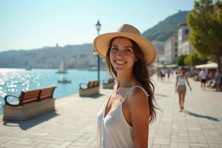 Femme souriante sur la promenade Kordon à Izmir
