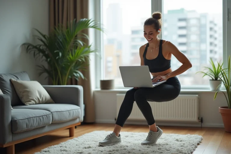 Jeune femme souriante en entraînement virtuel à la maison
