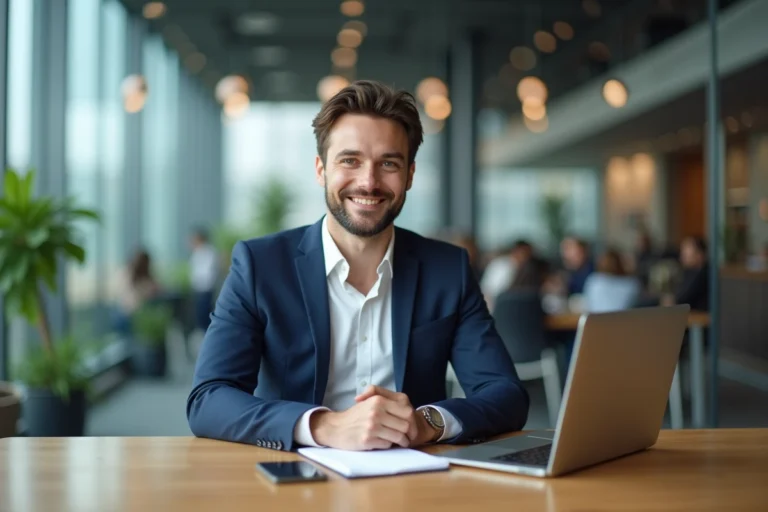 Fondateur de startup fintech assis à son bureau dans un open-space moderne, illustrant le profil entrepreneurial de Mounir Laggoune de Finary
