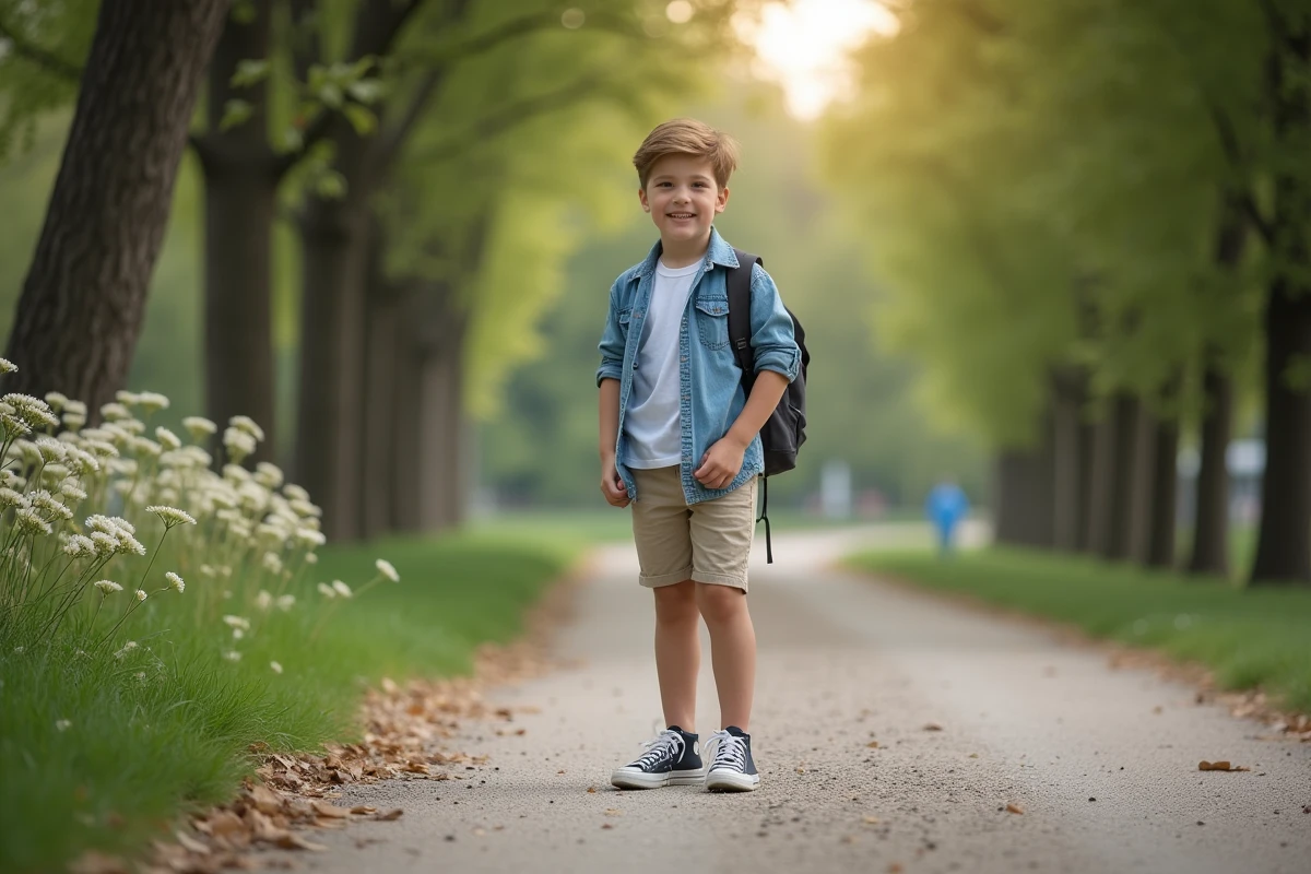 Adolescent souriant en lienant ses chaussures dans un parc