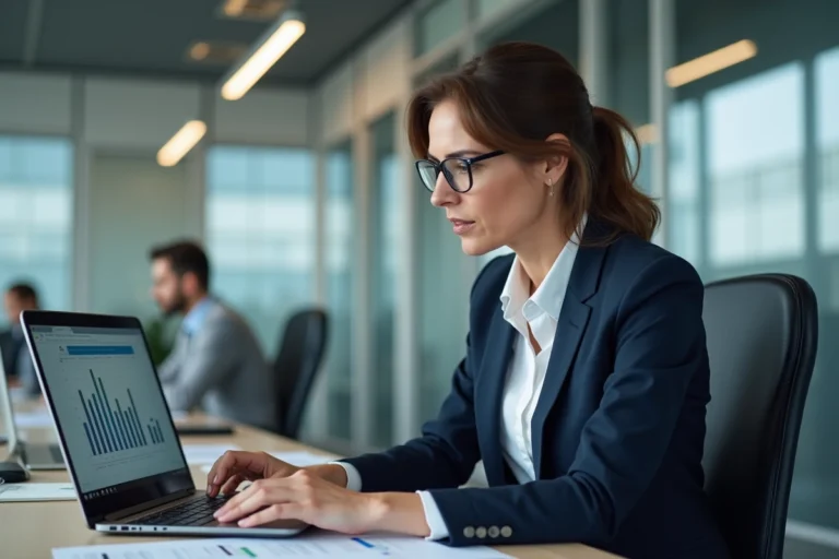 Femme professionnelle analysant des données de gestion du poste client sur un ordinateur portable dans un bureau moderne