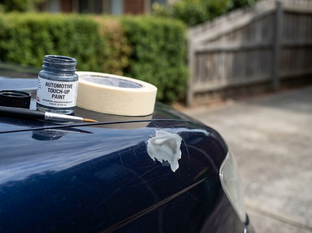 Gros plan sur une zone de peinture écaillée sur un capot de voiture avec du matériel de retouche posé à côté