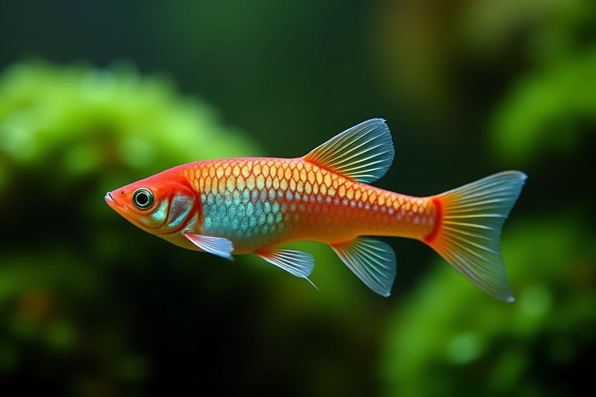 Gros plan sur les écailles et la nageoire caudale en épée d'un xiphophore mâle rouge avec reflets iridescents et bulles d'eau