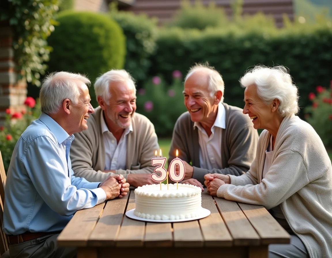 Groupe d'amis seniors fêtant un anniversaire de 70 ans avec un gâteau et des blagues en plein air