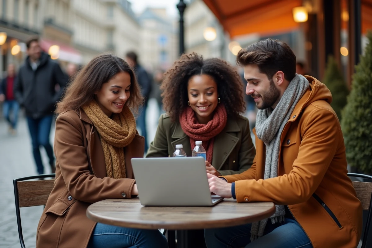 Groupe de jeunes professionnels discutant des dernières actualités d'Ei Mag en terrasse