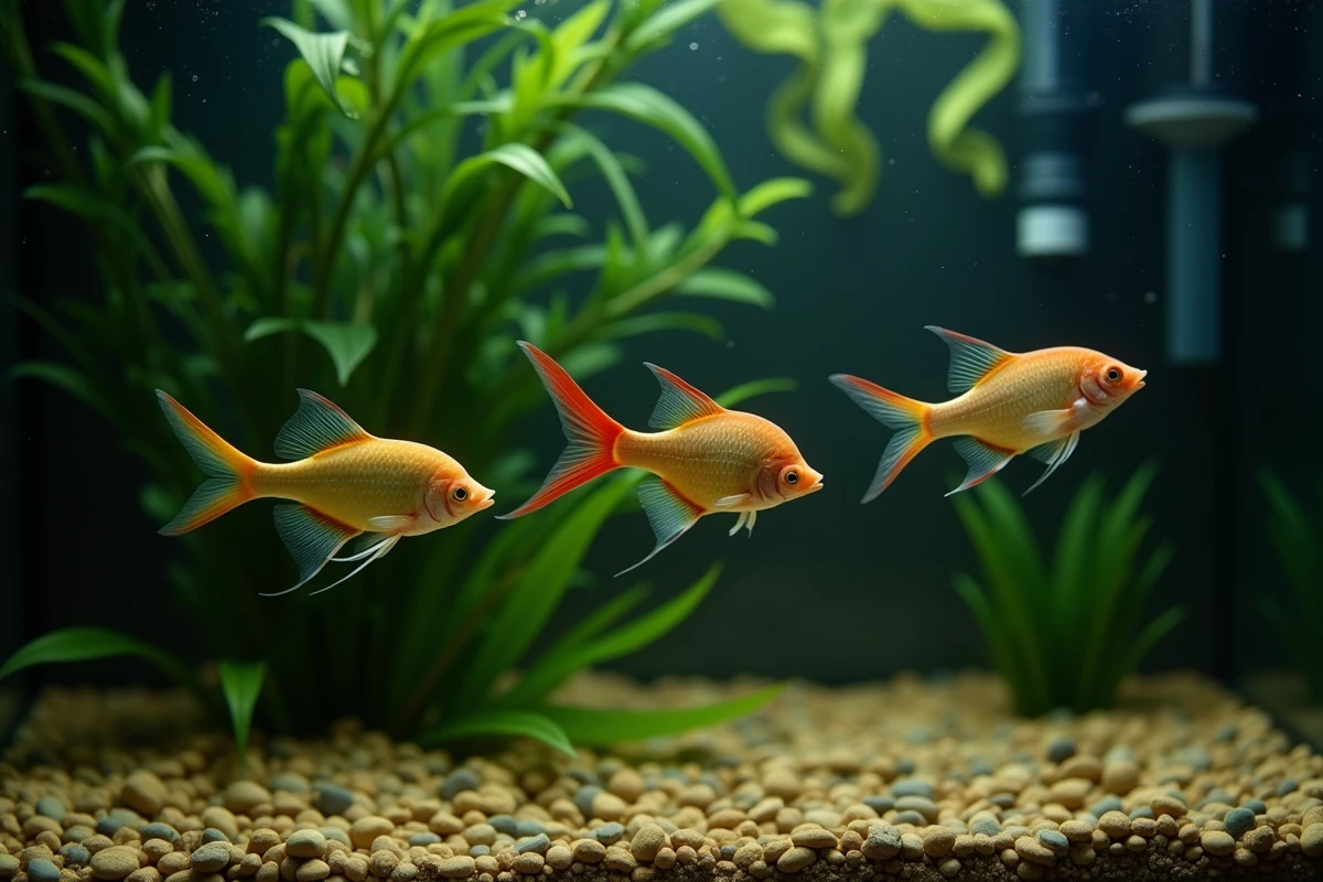 Groupe de xiphophores mâle et femelles nageant ensemble dans un aquarium communautaire avec plantes aquatiques et substrat sombre