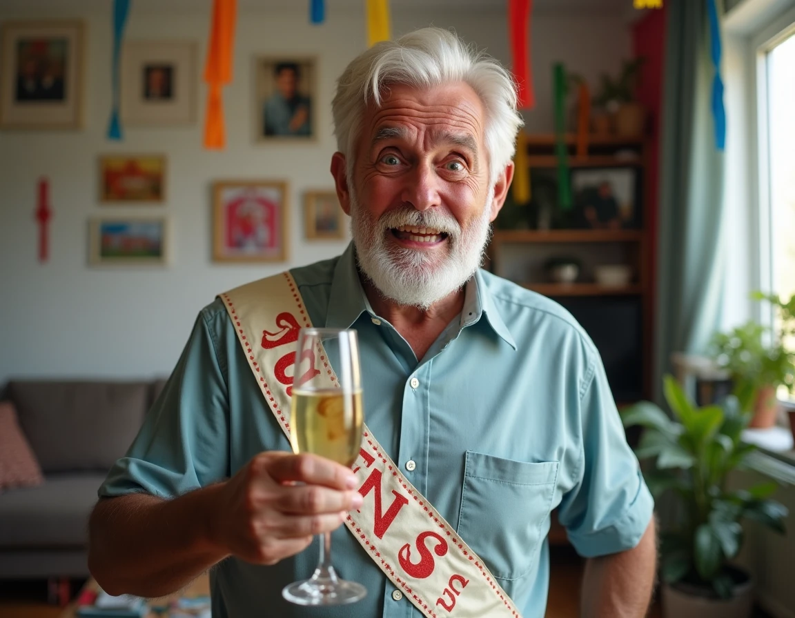Homme de 70 ans souriant avec écharpe d'anniversaire humoristique tenant un verre de champagne lors d'une fête