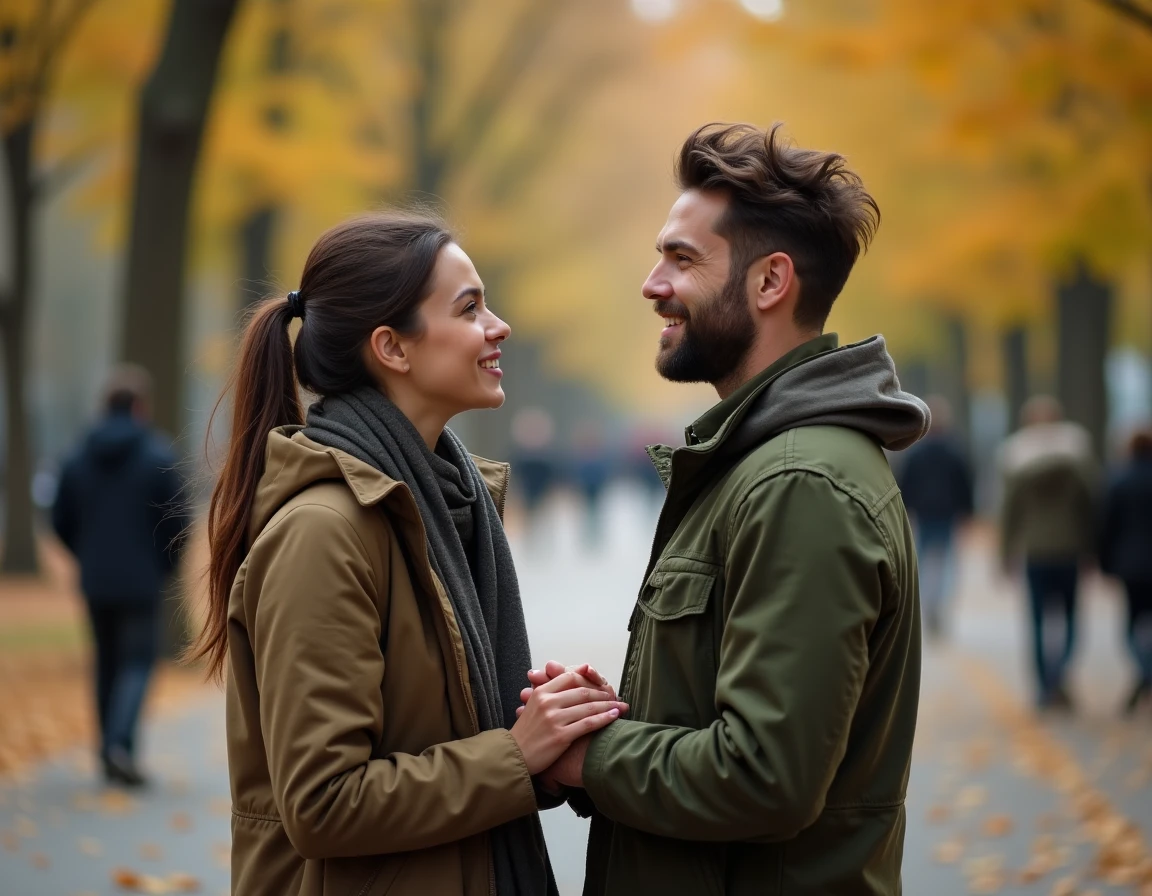 Homme attentif écoutant une femme dans un parc en automne, signe discret d'amour secret